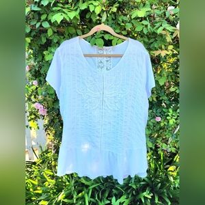 Plus Size Light Gray Soft Surroundings Embroidered Boho Style Cotton Top